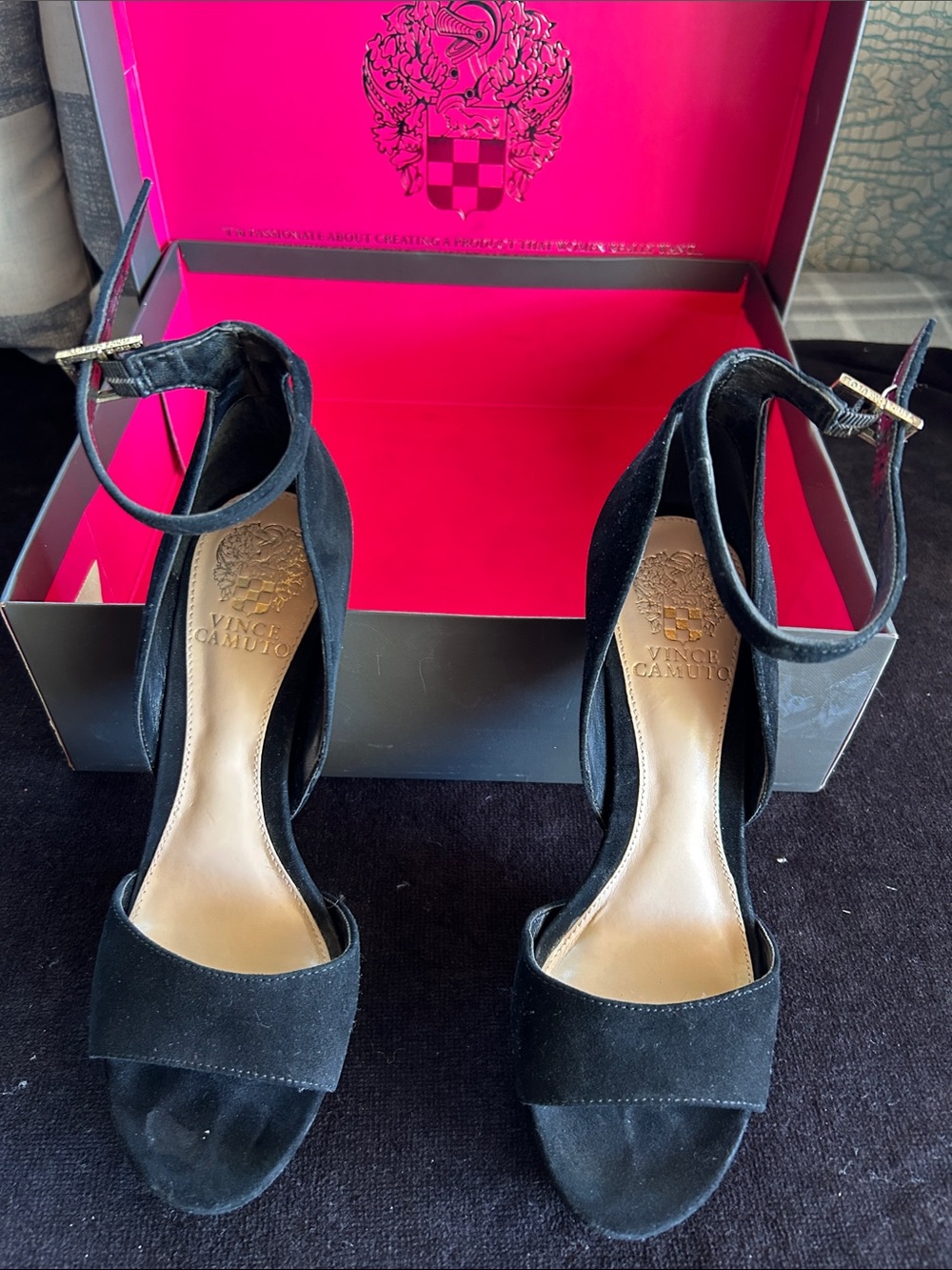 Vince Camuto Black Suede Ankle Strap Open-Toe Heels